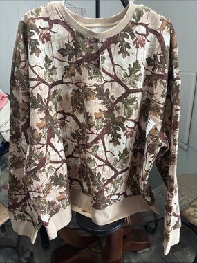 Original Use Beige Crewneck Sweater with Green, Brown, and Burgundy Leaf Pattern